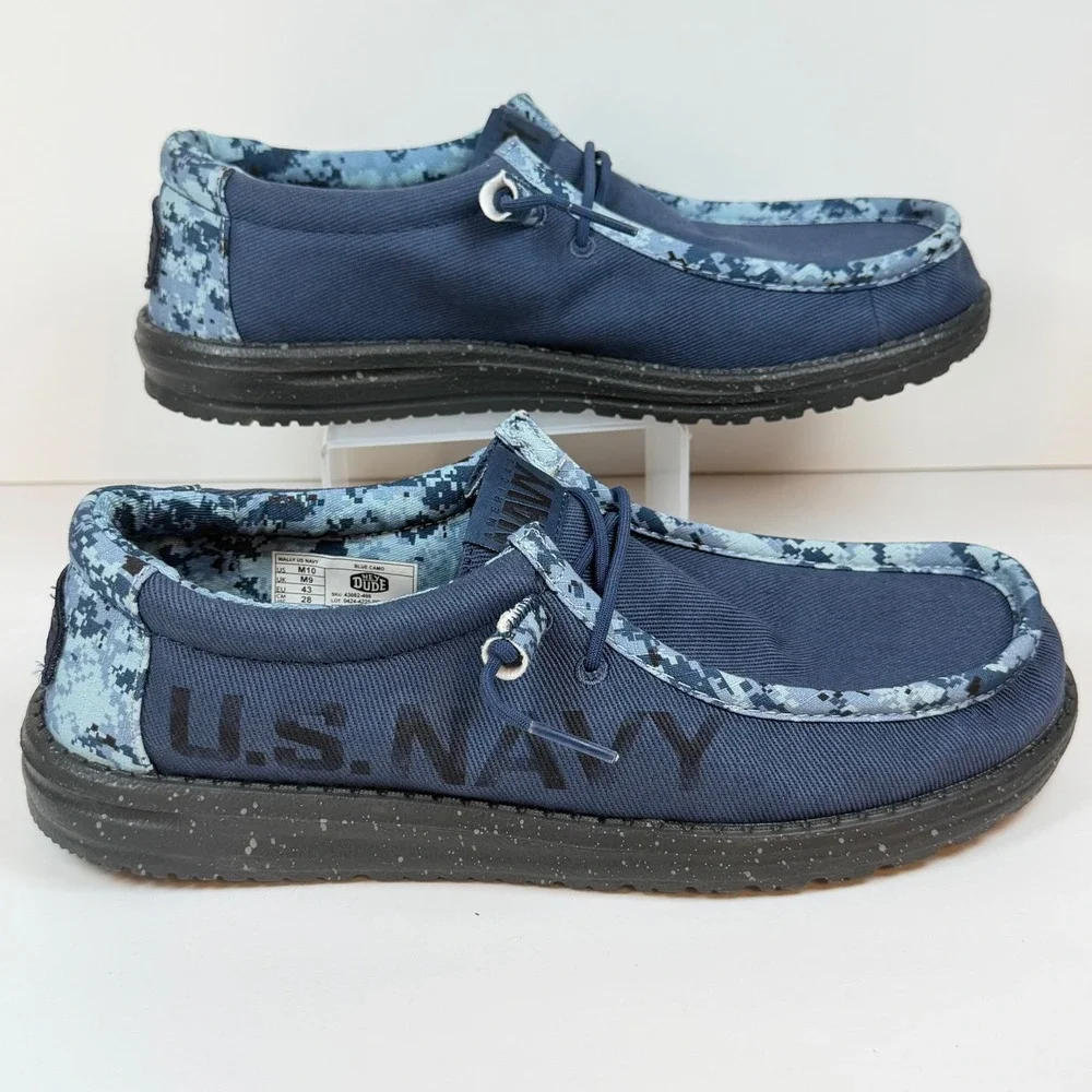 Hey Dude Mens Wally US Navy Size 10 Digital Camo Canvas Loafers Blue 43082-498